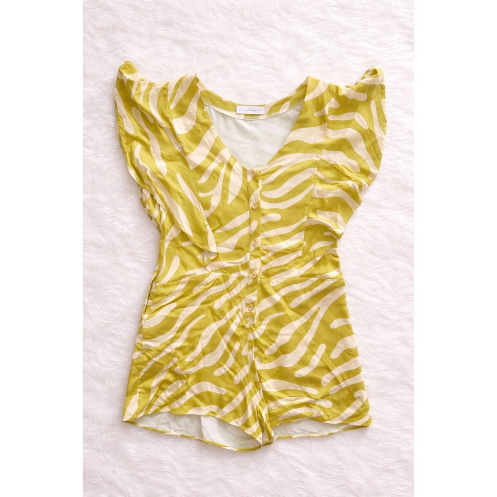 Ces Femme Romper Size Small Yellow Zebra Print Ruffle Sleeve Summer Vacation